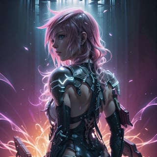 lightning farron, square enix, final fantasy XIII, weapon, whole body, white background, Strong Backlit Particles