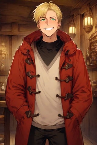 (masterpiece, high_quality), (fantasy: 1.2), 1boy, bishonen, blonde_hair, green_eyes, looking_at_viewer, standing, cowboy_shot, indoors, straight-on, very_short_hair, black_pants, tavern, hands_in_pockets, loose_sleeves, grin, athletic, red_coat, white_vest, black_shirt, mature_male, duffel_coat, happy,

