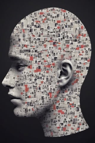a human head cut off in the middle. A poster work with thoughts coming out of it
