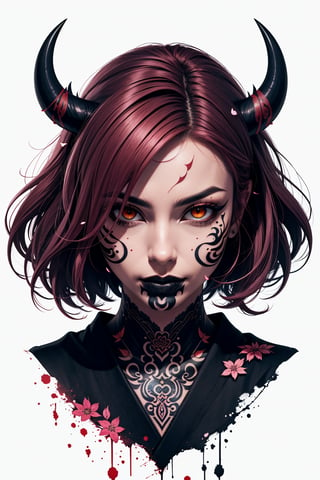 th1ckan1m3,Grt2c,ClrSkt, Sketch art, short hair, tattoo art sketch, brown hair, pink locks, messy hair, curvy hair, kunoichi, kitsune girl, design tattoo art style, sakura petals background, sharp lines, thorn background, dark atmosphere, ink splash, Oni mask, oni horns, looking_at_camera, face only, glowing eyes, graffiti, tattoo style 