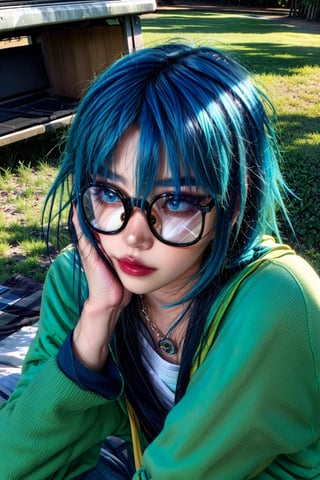 (masterpiece, high resolution, anime semi-realistic: 1.3), lazy girl with a sleepy face, (messy, short blue hair: 1.2), glasses, wearing sloppy clothes, sitting in the middle of a plaza, (shades of green and brown: 1.1), shadows of people in the background, (soft sunlight: 1.1), relaxed atmosphere, scattered leaves on the ground, worn-out stone benches, slight breeze ruffling her hair, subtle details, Close-up of her sleepy face, emphasizing her messy blue hair, relaxed and cozy ambiance.,egirlmakeup,sumireko_sanshokuin