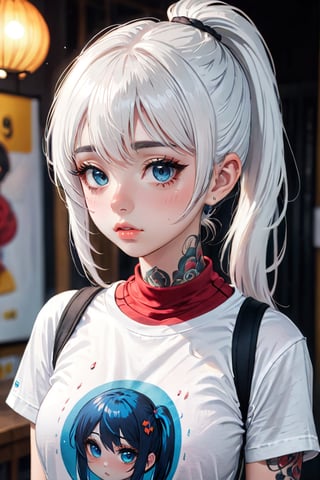 (24yo girl, beautiful girl, cute round face, big eyes, full lips,white hair with cian streaks, emo style, t-shirt, headshot, masterpiece,  best quality,  high resolution, high_res, long_ponytail, bangs, neck tattoo, sweating, cian eyes