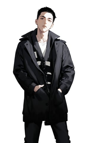 solo, looking at viewer, short hair, simple background, shirt, black hair, long sleeves, 1boy, white background, standing, jacket, male focus, pants, coat, black jacket, black pants, hands in pockets