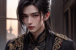 Chinese classical style, Very thin man, long eyes, sharp chin,Slender face shape, Produce a high-quality, high-resolution image of a young Asian man with an enigmatic and stoic expression. He should have long, dark hair that is loosely tied back, with some strands elegantly framing his face, adding to his mysterious demeanor. His eyes are sharp, penetrating, and hold a thoughtful gaze. He wears a traditional dark robe with subtle, intricate embroidery, which hints at his noble status. The setting should be atmospheric and slightly misty, featuring traditional architecture in the blurred background, suggesting a historical and mystical context.,masterpiece,girl,best quality,1guy,Handsome Thai Men,photorealistic