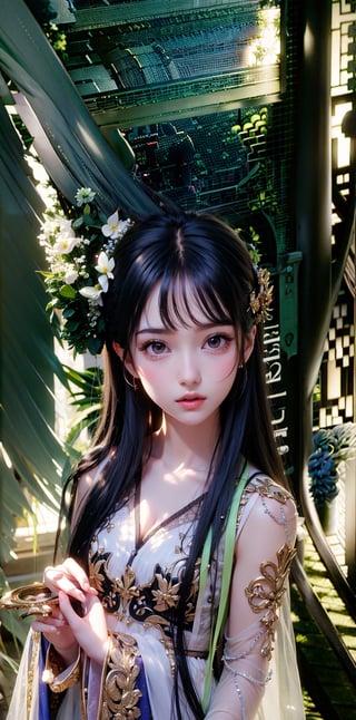 1girl, solo, long hair, looking at viewer, detailed, detailed eyes, detailed hands, detailed finger, Chinese calssical style, long face, black_hair, black eyes, full_body,Detail,floral print,myhanfu,ancient_chinese_indoors