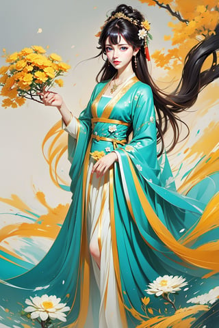1girl, solo, long hair, looking at viewer, bangs, black hair, hair ornament, long sleeves, dress, holding, jewelry, closed mouth, standing, full body, flower, hair flower, necklace, blue dress, chinese clothes, white flower, realistic, holding flower, hanfu