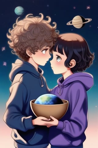A visual about the embrace of two human coming out of a bowl traveling between planets. Two human who miss each other very much have a key in their hands. And lovely hold hand
Boy and girl : he have a hoddie write  keep calm everything ok
Girl:short hair curly hair,lovely eyes 
Boy:short hair ,lovely eyes
