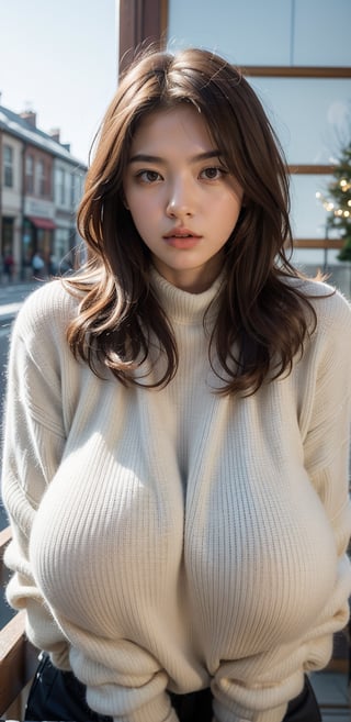 Generate hyper realistic image of a beautiful woman with blue eyes and brown hair, wearing a warm sweater and a stylish turtleneck. Her upper body is depicted with realistic details, showcasing the subtle charm of parted lips and a hint of freckles. The scene captures the essence of a cozy winter day, with her hair slightly messy, giving a touch of natural elegance.