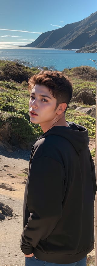 18-year-old boy, named José de la Cruz. José de la Cruz is posing in profile, looking towards a place not visible to the viewer. José de la Cruz is wearing a black sweatshirt. Behind him there is a sea and small mountains. Hyperrealistic. Photorealistic. 