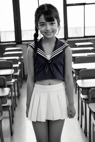 girl standing in school classroom,sailor shirt,micro mini skirt,through white panty,18-year-old,bangs,a little smiles,thighs,crotch,knees,short cut hair,ponytail,from below,acjc