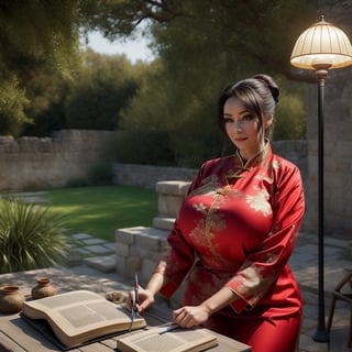 A photo of a beautiful girl in a traditional Chinese dress looking at the ancient Chinese book under the lamp on a low table in the garden surrounded by ancient walls on a peaceful evening,((His right holds a pen and his left hand places it on the table)),((master part)),Realistic,4k,extremamente detalhado,((lindos olhos grandes))