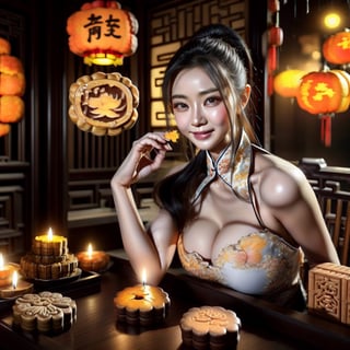 1womanl, 20yr old,((Chinese female celebrity)),The lens is shot from top to bottom,Chinese costumes,Gorgeous,the night,Ancient Chinese architecture,Chinese elements,Wooden dining table,((Mid-Autumn Mooncakes)),candlestick,Candle,lantern,