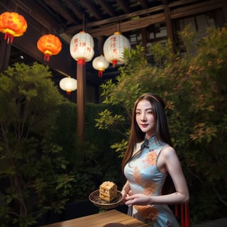 1womanl, 20yr old,((Chinese female celebrity)),The lens is shot from top to bottom,Chinese costumes,Gorgeous,the night,Ancient Chinese architecture,Chinese elements,Wooden dining table,((Mid-Autumn Mooncakes)),candlestick,Candle,lantern,,baifernbah