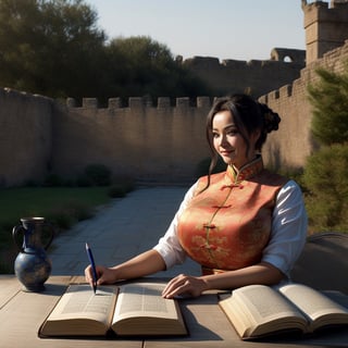 A photo of a beautiful girl in a traditional Chinese dress looking at the ancient Chinese book under the lamp on a low table in the garden surrounded by ancient walls on a peaceful evening,((His right holds a pen and his left hand places it on the table)),((master part)),Realistic,4k,extremamente detalhado,((lindos olhos grandes))