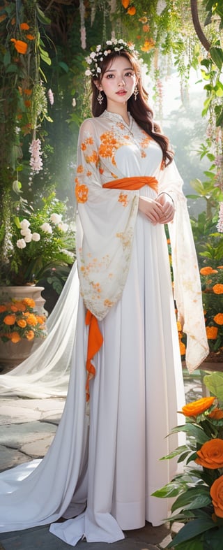 Create an artwork of a person with long, flowing hair intertwined with an array of white and orange flowers, wearing a garment that harmonizes with the botanical surroundings. The overall atmosphere should evoke an ethereal and dreamlike essence. 



 