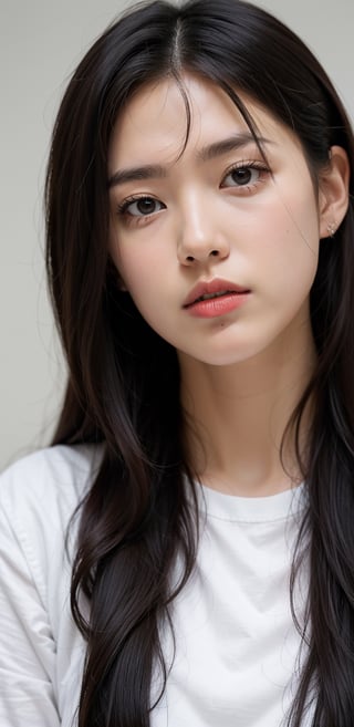 a close up of a woman with long hair wearing a white shirt, 1 8 yo, 18 years old, 19-year-old girl, xintong chen, korean girl, xision wu, heonhwa choe, 2 2 years old, 21 years old, ulzzang, wenfei ye, young cute wan asian face, lips