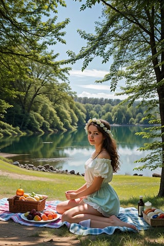 1 girl, picnic by the lake, mute colors, Rococo-style oil painting, masterpiece,More Detail,Colors,SD 1.5