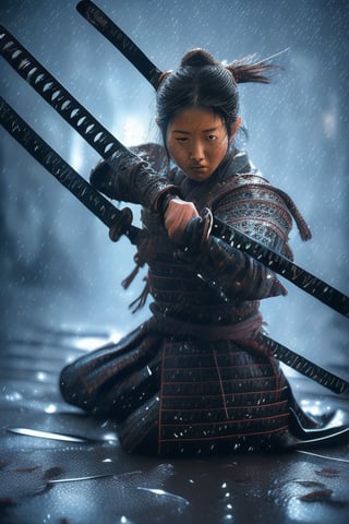 A Japanese swordswoman, wearing a black haori, katana on waist, cinematic,water droplets, raining,in the middle of a battlefield, surrounded by other samurai,long fringe hair, ,scar on face