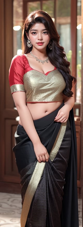 Realistic, happy expression, hd image quality, highest resolution, beautiful cute indian girl, indian godess look , 24 year old with black long hair, wearing black saree, red blouse,juisy lips,simply stand  ,Girl 