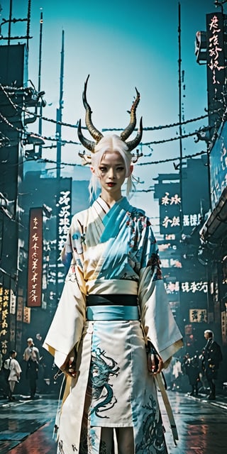 1 girl, (masterful) albino demon queen, (long complex horns:1.2), 
,hakama,gaiter,kanji tattoo,kimono back wide open,beautiful tattoo,
cyberpunk city background,photo_b00ster,ct-niji2,dragon tattoo,GlowingTat,m1lfm3t3r