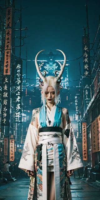 1 girl, (masterful) albino demon queen, (long complex horns:1.2), 
,hakama,gaiter,kanji tattoo,kimono back wide open,beautiful tattoo,
cyberpunk city background,photo_b00ster,ct-niji2,dragon tattoo,GlowingTat