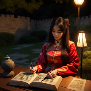 A photo of a beautiful girl in a traditional Chinese dress looking at the ancient Chinese book under the lamp on a low table in the garden surrounded by ancient walls on a peaceful evening,((His right holds a pen and his left hand places it on the table)),((master part)),Realistic,4k,extremamente detalhado,((lindos olhos grandes))