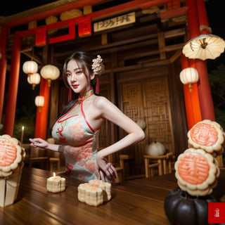 1womanl, 20yr old,((Chinese female celebrity)),The lens is shot from top to bottom,Chinese costumes,Gorgeous,the night,Ancient Chinese architecture,Chinese elements,Wooden dining table,((Mid-Autumn Mooncakes)),candlestick,Candle,lantern,,baifernbah