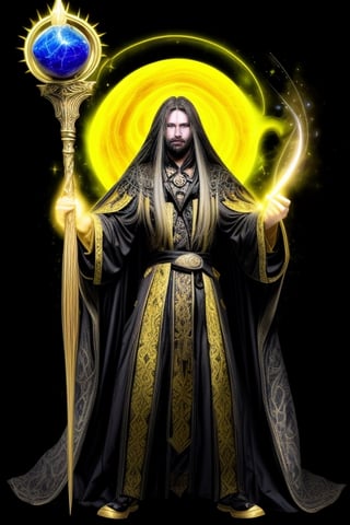 a man, mage, yellow long hair, dark fantasy, detailed yellow and black cosmic robe, cosmic staff