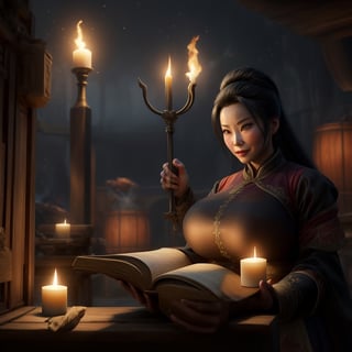 Da ist eine ((junge vietnamesische Frau)), Frau mit schwarzen hochgesteckten Haaren, reading a Book, Lighting candles in a room, She's in the Potions Workshop, Standbild aus einem Fantasy-Film, Zauber auf einen Trank wirken, eine Zauberin, , Portrait of Mulan, Magierin, who casts a spell?, Einen Flammenzauber wirken, Die Zauberin, die einen Feuerball wirft, matte painting portrait shot, Fantasy-Alchemisten-Labor, Magisches Labor-Setting, Young pretty Vietnamese woman in an alchemist's laboratory, die ((ein altes Buch liest)), ((mittelalterliche Kleidung))