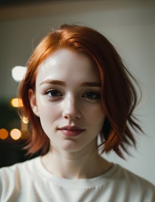 RAW uhd closeup portrait photo, casual clothes, intricate details, shallow depth of field, ginger hair, she is teasing the viewer, cinematic lighting, happy, (beautiful detailed glow)
