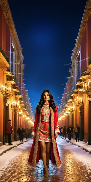 best quality, masterpiece,								
Amidst a vibrant setting that mirrors the lively streets of Mexico, a girl with long wavy black hair captivates the essence of modern Rococo style. Her fashion-forward attire, a contemporary interpretation of military uniforms, is lavishly accessorized, reflecting Mexico's rich cultural heritage and penchant for bold, expressive colors. Against the Mexican-style backdrop, her look is a harmonious blend of tradition and innovation, showcasing the dynamic spirit and creativity of Mexican artistry.
ultra realistic illustration,siena natural ratio, by Ai Pic 3D,	cinematic lighting, ambient lighting, sidelighting, cinematic shot,	Full length view,	A beautiful 18-year-old girl walking down an winter street, snow, Night view, Western, tomboy