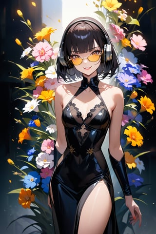 ((top-quality)), ((​masterpiece)), ((ultra-detailliert)), (extremely delicate and beautiful), Digital art, (beautiful flower decorative painting:1.3), 1 girl, smile, BREAK (((yellow glasses:1.3))), (headphone:1.2), shiny hair, black short hair, blunt bangs, lustrous skin, standing, (higher ditailed black cabaret dress:1.3), beautiful collarbone, light darkness background, sexy lips, master's work, abstract flower art,