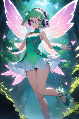 Masterpiece, extremely detailed junk art Anime, (super very short hair:1.3), blunt bangs, (((underrim glasses:1.3))), (headphones:1.3), a hauntingly beautiful cute fairy jump flying in the forest. her vibrant and youthful features create a striking juxtaposition of ethereal beauty. tight latex fairy dress, short dress, sparkly wings.