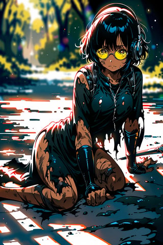 (blurry background:1.3), (extremely detailed fine touch:1.3), (extremely detailed fine touch:1.3), (dappled light, reflection, shadows, ray tracing:1.0), (2D:1.3), (super very black short hair:1.3), (((yellow underrim glasses:1.3))), (headphones:1.3), fantasy,
1girl, Female knight, torn clothes, broken armor, tears, wariza, dirty skin, sword