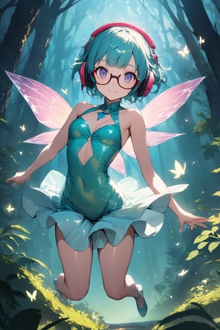 Masterpiece, extremely detailed miniature art, (super very short hair:1.3), blunt bangs, (((underrim glasses:1.3))), (headphones:1.3), smile, a hauntingly beautiful cute fairy jump flying in the forest. her vibrant and youthful features create a striking juxtaposition of ethereal beauty. tight latex fairy dress, short dress, sparkly wings.