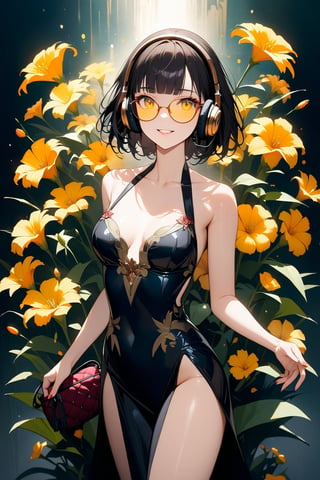 ((top-quality)), ((​masterpiece)), ((ultra-detailliert)), (extremely delicate and beautiful), Digital art, (beautiful flower decorative painting:1.3), 1 girl, smile, BREAK (((yellow glasses:1.3))), (headphone:1.2), shiny hair, black short hair, blunt bangs, lustrous skin, standing, (higher ditailed black cabaret dress:1.3), beautiful collarbone, elegant, holding  pouch, light darkness background, sexy lips, master's work, abstract flower art, flower background,