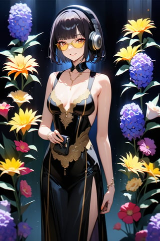 ((top-quality)), ((​masterpiece)), ((ultra-detailliert)), (extremely delicate and beautiful), Digital art, (beautiful flower decorative painting:1.3), 1 girl, smile, BREAK (((yellow glasses:1.3))), (headphone:1.2), shiny hair, black short hair, blunt bangs, lustrous skin, standing, (higher ditailed black cabaret dress:1.3), beautiful collarbone, elegant, holding  pouch, light darkness background, sexy lips, master's work, abstract flower art, flower background,