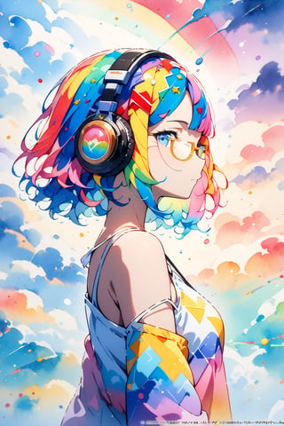 (masterpiece, top quality, best quality,watercolor (medium),official art, beautiful and aesthetic:1.2),(1girl:1.3), (fractal art:1.3),watercolor tyle,(((semi-rimless yellow eyewear:1.3))),(headphone:1.2),upper body, from side, looking at viewer,patterns,(rainbow color Hair,colorful hair,half blue and half pink hair:1.2),camisole, shiny hair, short hair, blunt bangs,lustrous skin,water,liquid, cloud,colorful, starry,stars,