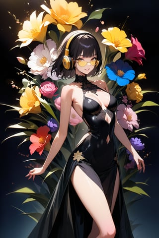 ((top-quality)), ((​masterpiece)), ((ultra-detailliert)), (extremely delicate and beautiful), Digital art, (beautiful flower decorative painting:1.3), 1 girl, smile, BREAK (((yellow glasses:1.3))), (headphone:1.2), shiny hair, black short hair, blunt bangs, lustrous skin, standing, (higher ditailed black cabaret dress:1.3), beautiful collarbone, light darkness background, sexy lips, master's work, abstract flower art, flower background,