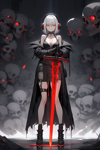 Masterpiece, best quality, extremely detailed, Gothicpunk, girl, Black and White, warrior, holding planted glowing  red Sword, (((yellow under-rimmed glasses:1.3))), short hair, blunt bangs, headphone, medium breasts, clavicle, cleavage, Standing in honor, full body, skull and crossbones background, 