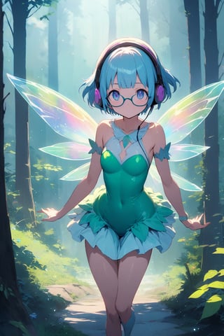 Masterpiece, extremely detailed junk art Anime, (super very short hair:1.3), blunt bangs, (((underrim glasses:1.3))), (headphones:1.3), a hauntingly beautiful cute fairy jump flying in the forest. her vibrant and youthful features create a striking juxtaposition of ethereal beauty. tight latex fairy dress, short dress, sparkly wings.