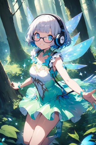 Masterpiece, extremely detailed junk art Anime, (super very short hair:1.3), blunt bangs, (((underrim glasses:1.3))), (headphones:1.3), smile, a hauntingly beautiful cute fairy jump flying in the forest. her vibrant and youthful features create a striking juxtaposition of ethereal beauty. tight latex fairy dress, short dress, sparkly wings.