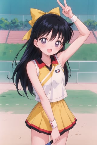 (masterpiece),1girl,solo,black hair hair,blue eyes,long hair,hair between eyes,sidelocks,hair bow,slender,small chest,tennis outfit,outdoors,stadium,:d,smile,cute pose,v sign,EPTakeuchiNaokoStyle,1990s \(style\), anime screencap, retro artstyle, anime coloring, traditional media