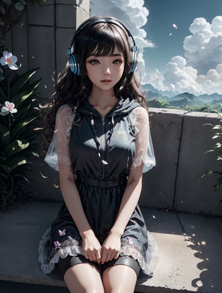 a cute korean girl large-eyed girl, bangs, long wavy hair, sitting, 
see through dress, sky, shorts, day, sword, cloud, hood, two-tone hair, blue sky, headphones, bike shorts, science fiction, orchid flowers, petals, 
octane rendering, ray tracing, 3d rendering, masterpiece, best Quality, Tyndall effect, good composition, highly details, warm soft light, three-dimensional lighting, volume lighting, Film light,