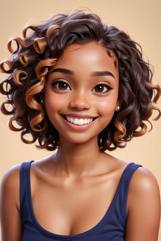 Clean Cartoon-brushstrokes Painting, crisp, simple, colored_lineart_illustration style, 1 woman, smiling, (21 years old), real, realistic, realism, melanated female, brown skin, dark skin, cinnamon brown skin, black girl, type 4 hair, dark brown hair, brown on brown hair, curly hair, short hair, almond shaped eyes, more feminine mouth, small mouth, v shaped smile, small teeth, over bite, plump lips, beautiful, quirky, dimples, feminine, soft, whimsical, happy, young, vibrant, adorable, slender/petite body shape, normal size head, head that fits body, high quality, masterpiece ,3D