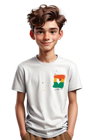 Clean Cartoon-brushstrokes Painting, crisp, simple, colored_lineart_illustration style, 1 boy, (21 years old), light skin, white, Italian brown, realism, cool, Nonchalant, full body, t-shirt, clothes, male model, pose, posing, photography, Instagram, selfie, smiling, , handsome, quirky, innocent, masculine, hard, innocent, whimsical, happy, young, vibrant, cute, slender/skinny body shape, normal size head, head that fits body, high quality, masterpiece ,3D