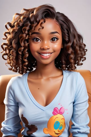 Clean Cartoon-brushstrokes Painting, crisp, simple, colored_lineart_illustration style, 1 woman, (21 years old), melanated female, brown skin, dark skin, milk chocolate girl, type 4 hair, curly hair, realism, smiling, v-neck shirt, cleavage cutout, cleavage, B cup size, small breast, quirky, dimples, innocent, feminine, soft, freckles, whimsical, young, vibrant, adorable, slender/petite body shape, normal size head, head that fits body, high quality, masterpiece ,3D, square head, square face, boxy head, boxy face, longer head, long head, structured jaw, profound jawline, dark brown girl,