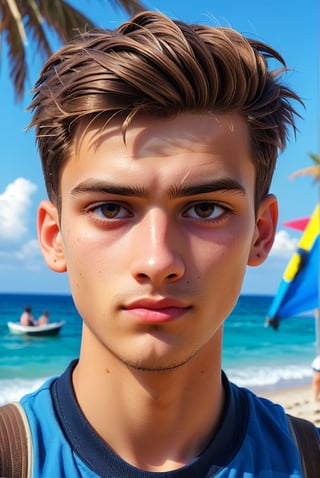 1 boy, (21 years old), short hair, perfect hair, light skin, white, Italian brown, realism, cool, Nonchalant, beach day, trunks, conservative, chad, chizzled, bad boy, thug, mean mug, mean face, Instagram, selfie, handsome, cool, masculine, hard, half body, innocent, happy, young, vibrant, cute, slender/slim body shape, normal size head, head that fits body, high quality, masterpiece , 3D, background of school