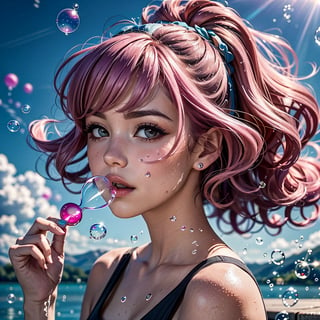 a beautiful girl with pink hair.curls. blowing soap bubbles against the background of the lake. stylization,hyperdetalization,16k