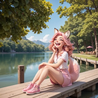 a beautiful fox with pink hair.curls. ((laughing)), smiling, laughing, sitting on the pier. against the background of the lake. stylization,hyperdetalization,16k,fluffy,cartoon 